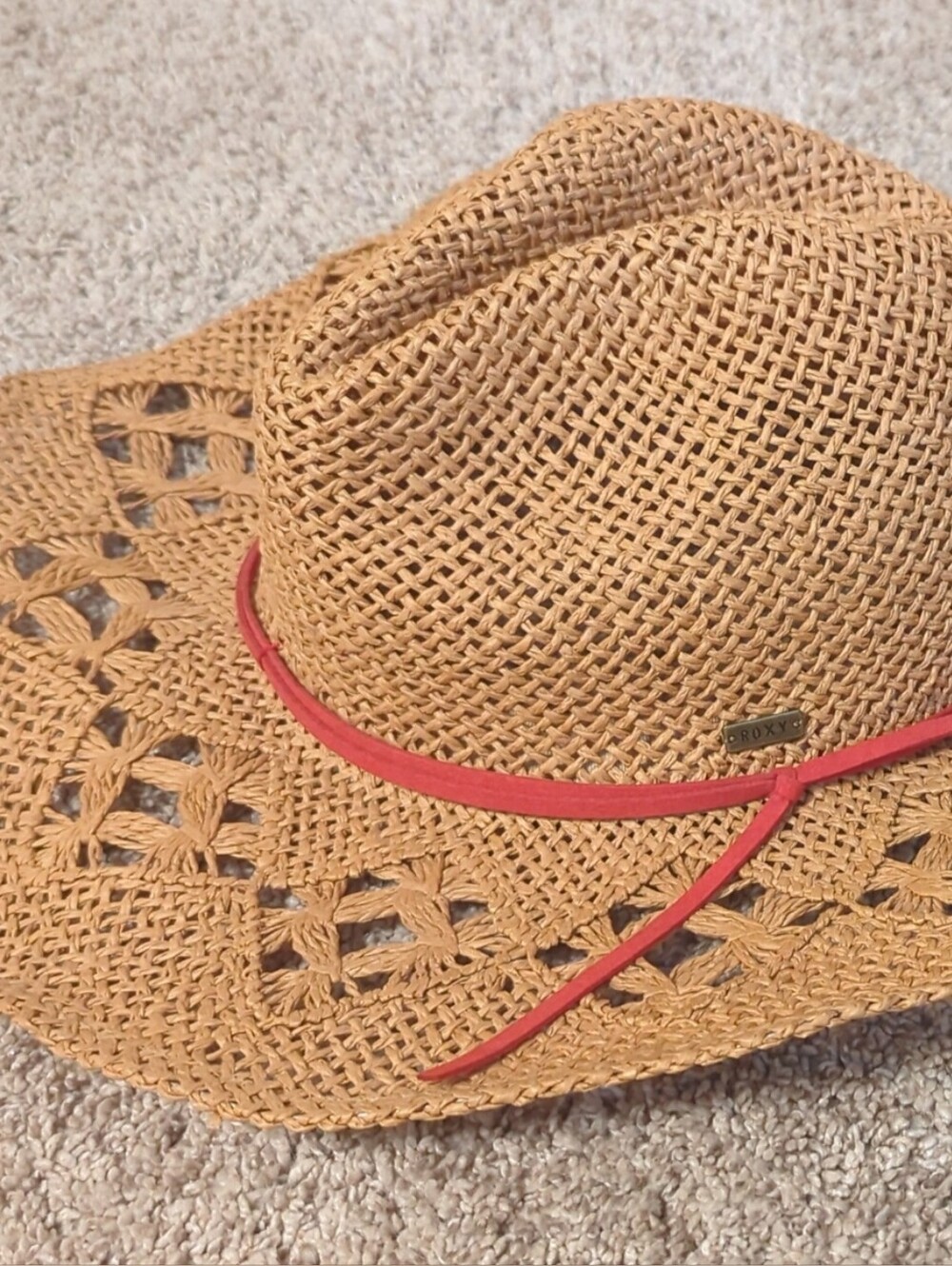 Roxy Woven Straw Fedora with Coral Band